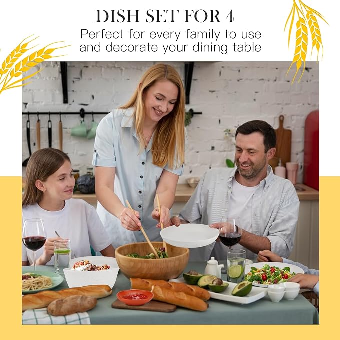 Premium Wheat Straw Dinnerware Set for 4 Unbreakable Plates Bowls and Cups Set 16 PCS Dishwasher & Microwave Safe Dishes Set for RV,Camping,Kitchen Essentials-White