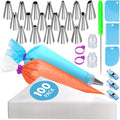 Piping Bags and Tips Set, Cakes Decorating Kit Supplies | 100 Pcs 12 Inch Piping Bags, 1 Reusable Pastry Bags, 18 Tips, 2 Couplers, 2 Bags Ties 3 Clips 1 Scriber Needle 3 Cake Scraper