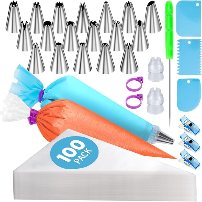 Piping Bags and Tips Set, Cakes Decorating Kit Supplies | 100 Pcs 12 Inch Piping Bags, 1 Reusable Pastry Bags, 18 Tips, 2 Couplers, 2 Bags Ties 3 Clips 1 Scriber Needle 3 Cake Scraper