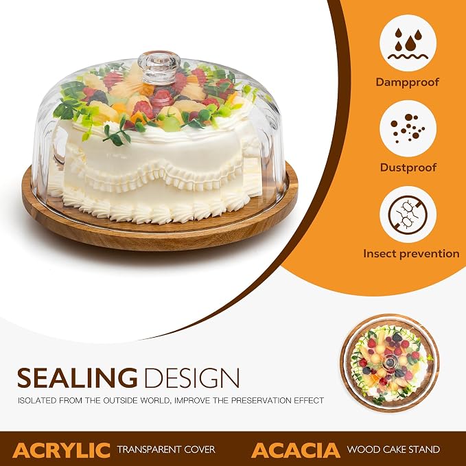 Cake Stand with Lid, Rotating Cake Holder with Dome, Wood Lazy Susan with Cover, Cake Stand for Party,Birthday,Parties,Baking Gifts(12 Inch with Dome)