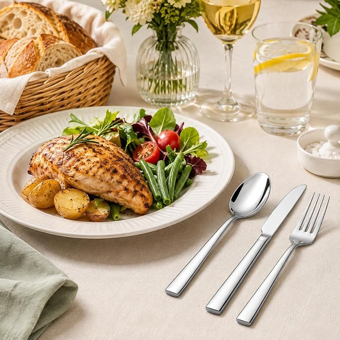 12-Piece Stainless Steel Silverware Set for 4, Mirror Polished Flatware Set Includes 4 Dinner Knives, 4 Dinner Forks & 4 Dinner Spoons, Dishwasher Safe Cutlery Set for Home Kitchen Restaurant
