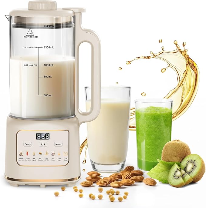 10 in 1 Nut Milk Maker Machine, 55oz Automatic Soy Milk Maker Blender, Homemade Soy Milk, Almond Milk, Oat Milk,Juice, Plant Based and Non Dairy Beverages (white)