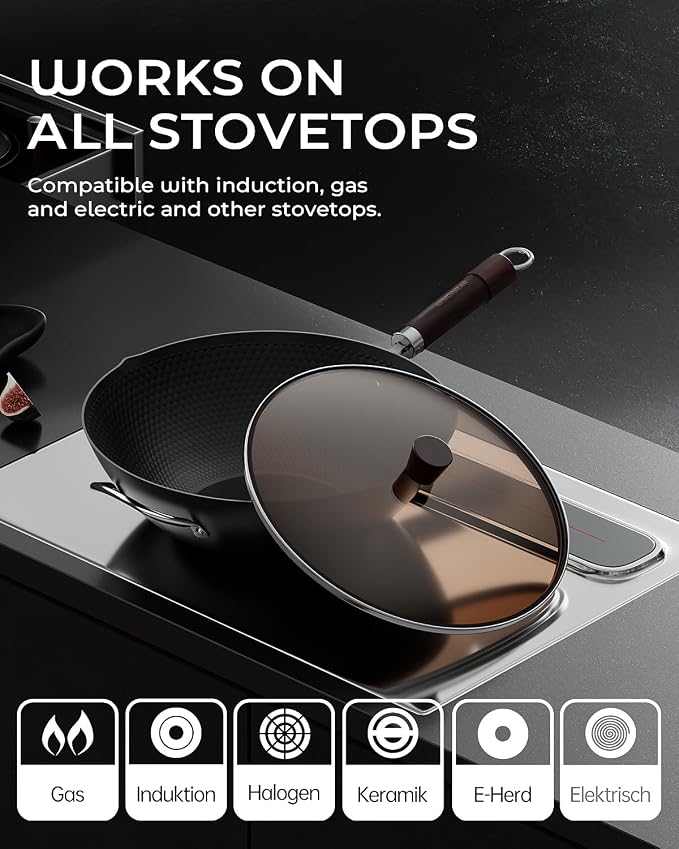 Carbon Steel Wok Pan, Tripole Nitrided Pre-Seasoned Flat Bottom Woks & Stir-Fry Pans Nonstick, Chinese Wok with Glass Lid for All Stovetops, Gift for Chef - 13.4 Inch
