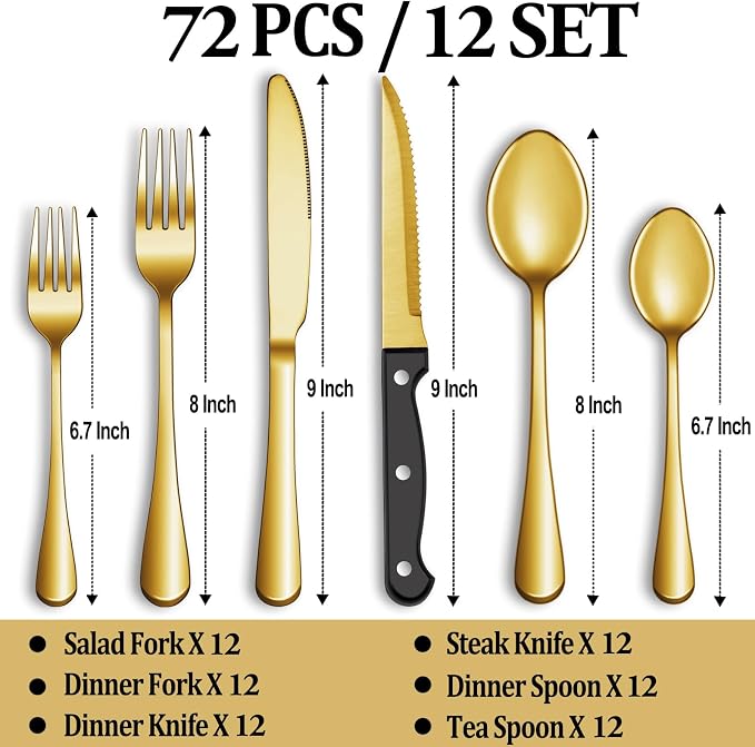 72 Pcs Gold Silverware Set with Steak Knives, Stainless Steel Flatware Cutlery Set for 12, Kitchen Tableware Sets, Utensil Sets for Home and Restaurant, Dishwasher Safe