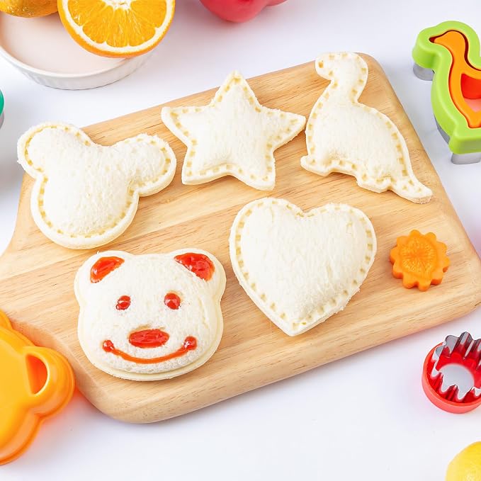 Sandwich Cutters for Kids Lunch LARGE 6 Pcs | Sandwich Maker, Cookie Cutters Set, Stainless Steel, Dinosaur Mouse Heart Star Bear