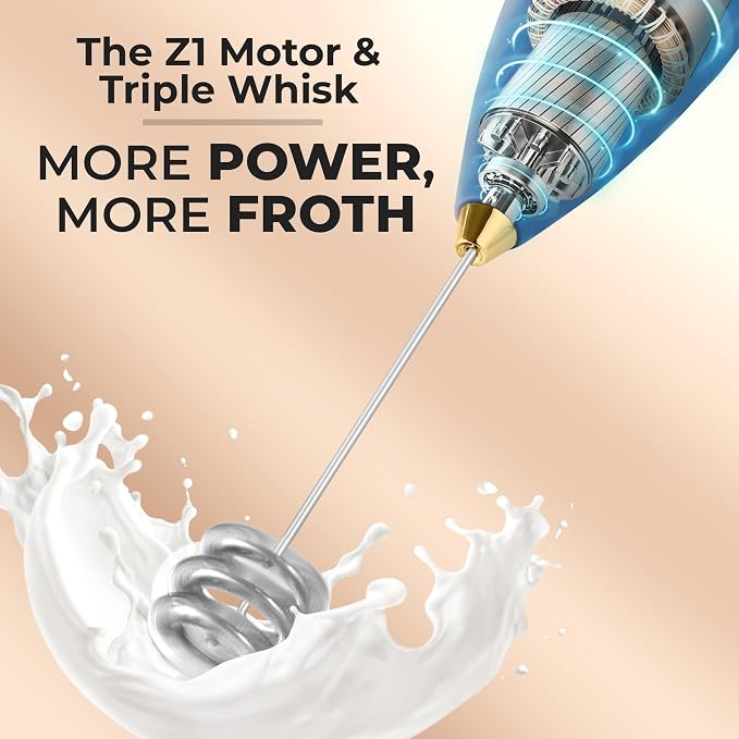 Zulay Kitchen Powerful Milk Frother Wand With Duracell Batteries - Ultra Fast Handheld Drink Mixer - Electric Whisk Foam Maker for Coffee, Lattes, Cappuccino & Matcha - Triple Whisk - Prussian Gold