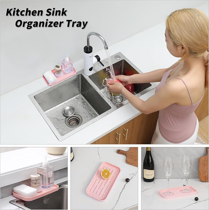 MicoYang Silicone Kitchen Sink Organizer Tray for Multiple Usage,Easy Clean,Eco-Friendly Sponges Holder for Kitchen Bathroom Counter or Sink,Dish Soap Dispenser,Scrubber,Bottle,Cup Pink 10”x 5.3”