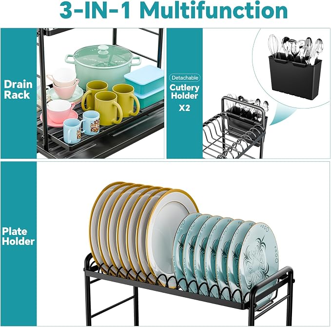 Simple Trending Dish Rack, Dish Drying Rack 2 Tier, Stainless Steel Dish Drainers with Utensil Holder and Drainboard for Kitchen Sink Organizers, 11.875" W x 16.625" D, Black