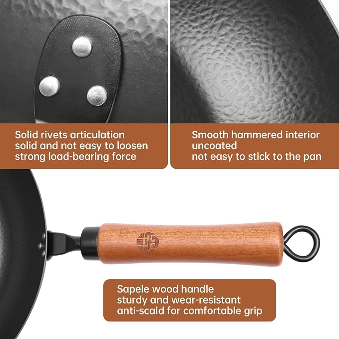 WANGYUANJI 11 Inch Carbon Steel Skillet with Lid-Flat Bottom Frying Pan for Searing & Browning,Nitrided Iron Sauté Pan with Removable Handle-Induction Compatible (No Coating,Cooks Crispier&Juicier)