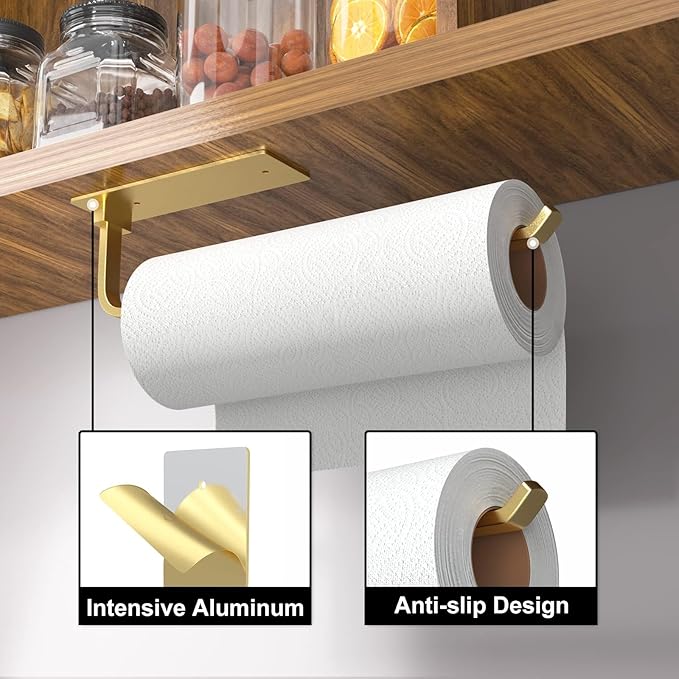 Paper Towel Holder Under Cabinet, Self-Adhesive or Drilling, Gold | Kitchen Roll Dispenser | Under-Cabinet or Wall-Mounted | Upgraded Aluminum | Lighter Yet Stronger Than Stainless Steel