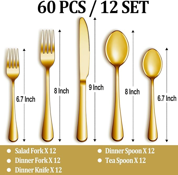 60 Pcs Gold Silverware Set Service for 12, Premium Stainless Steel Flatware Set, Cutlery Utensil Set, Durable Home Kitchen Eating Tableware Set, Include Fork Knife Spoon Set, Dishwasher Safe