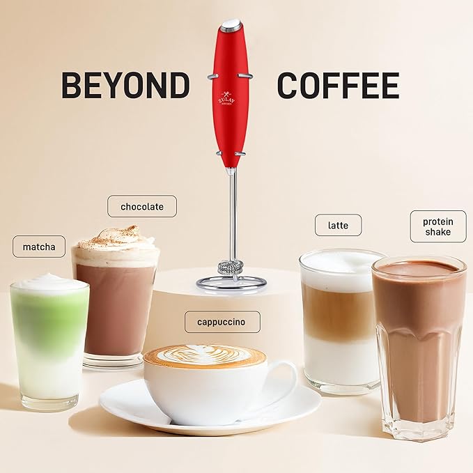Zulay Kitchen Powerful Milk Frother Wand With Duracell Batteries - Ultra Fast Handheld Drink Mixer - Electric Whisk Foam Maker for Coffee, Lattes, Cappuccino & Matcha - Double Whisk - Red