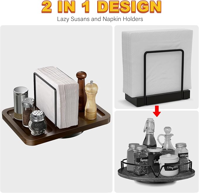 Rotating Napkin Holder for Table with Salt and Pepper Shakers Caddy | Standing Napkin Dispenser, Wood Paper Towel Holder for Bathroom Kitchen Dining Table Decor