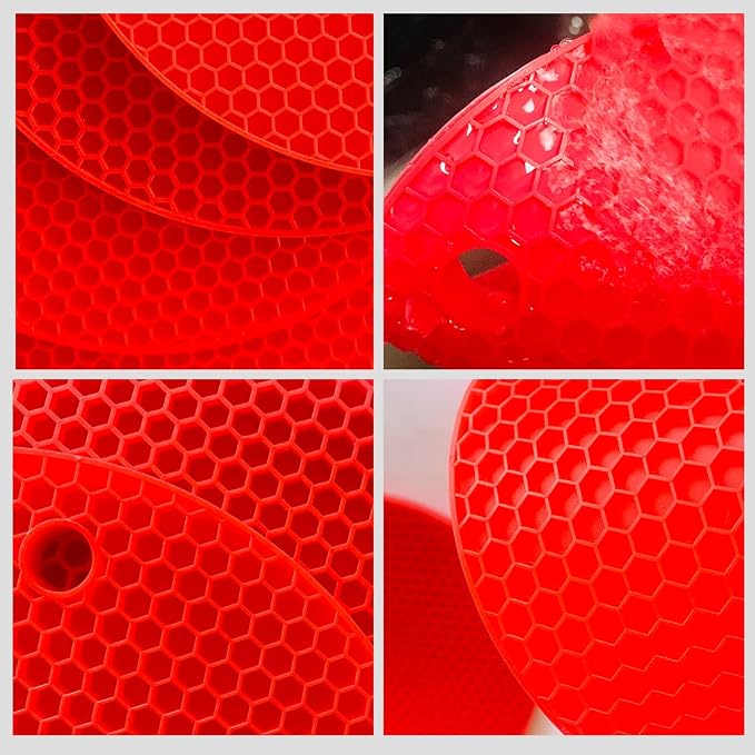 7-Inch Round Trivet Mats - 4 Pack Silicone Hot Pads, Non-Slip Heat Resistant, Dishwasher Safe, Ideal as Round Dab Mat (red)