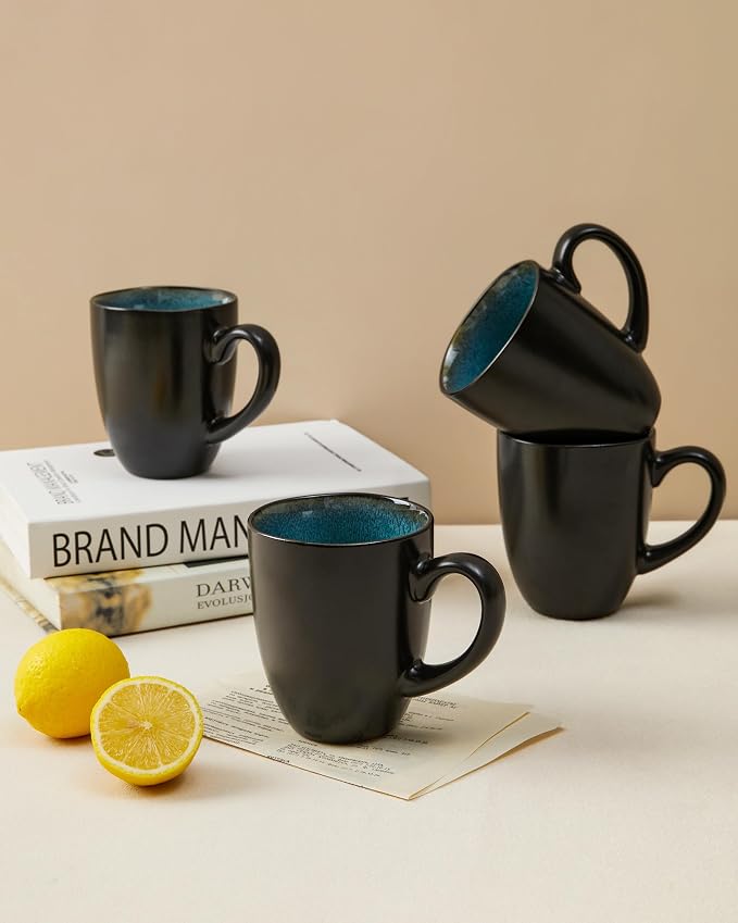 Pokini Coffee Mug 15 oz, Ceramic Coffee Mugs Set of 4, Reactive Glaze Mug for Latte/Tea/Cappuccino/Milk, Irregular Large Mug Set for Men, Women, Dad, Mom, Dishwasher & Microwave Safe, Green Black