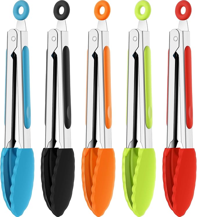 5 Pack Mini Small Tongs with Silicone Tips, 7 in | Kitchen Serving Tongs Set, Stainless Steel, BBQ Grilling Frying Salad Cooking Buffet Party, Black Red Blue Orange Green
