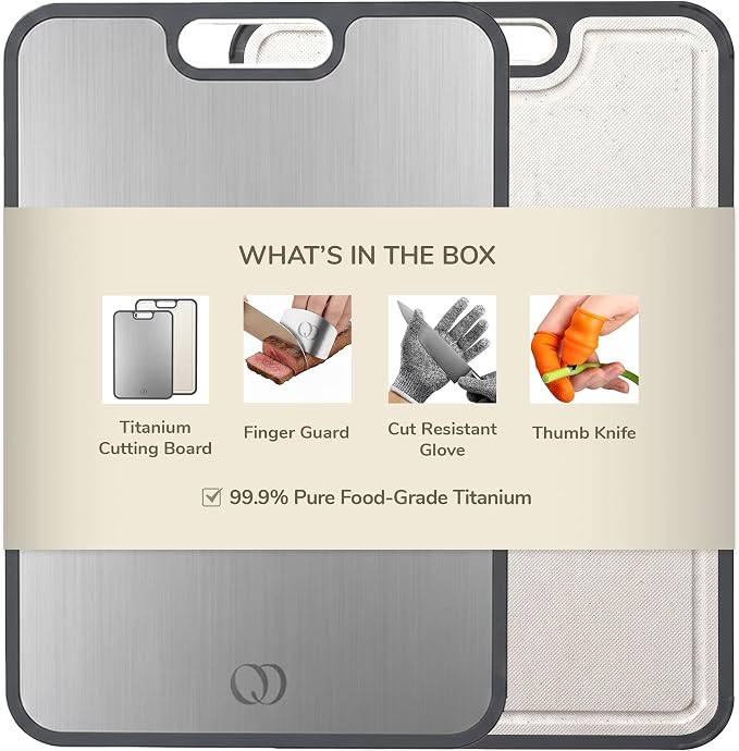 Titanium Cutting Board Double-Sided 2-in-1 (99.9% Titanium + PP), 15" x 10", with Accessories (Finger Guard, Glove, Thumb Knives) - Kitchen Metal Chopping Board for Meat, Fruits & Vegetables