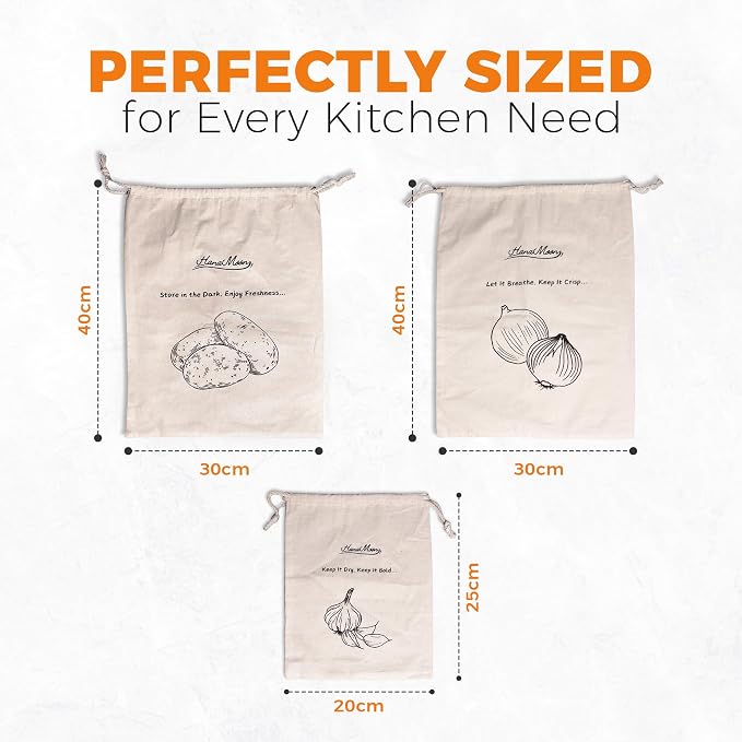 3-Pack Cotton Storage Bags for Potato, Onion & Garlic – Reusable Drawstring Produce Bags – Breathable, Eco-Friendly, Washable – 2 Large (40×30 cm) + 1 Small (25×20 cm)