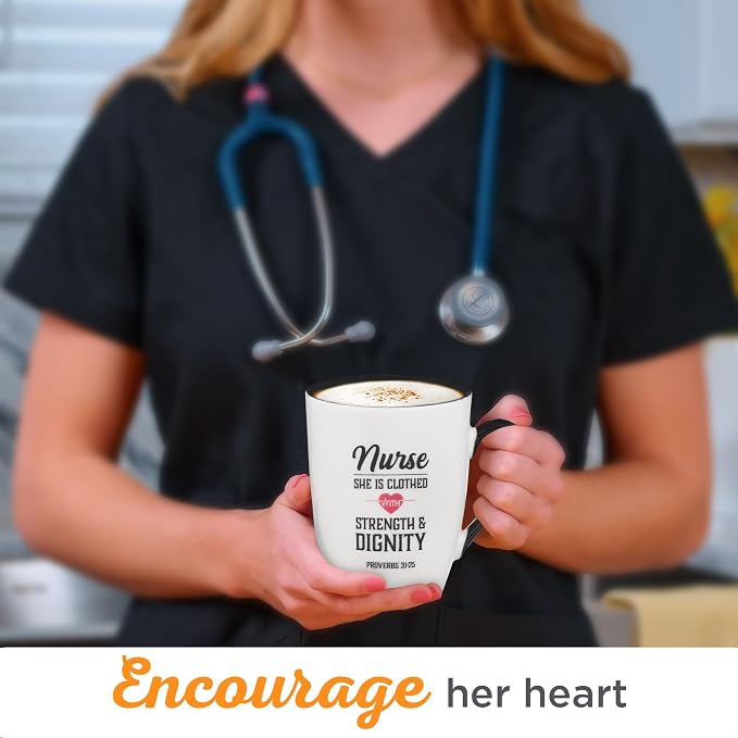 Christian Art Gifts Inspirational Ceramic Coffee & Tea Scripture Mug for Women Nurses: Strength & Dignity Encouraging Proverb, Microwave/Dishwasher Safe Novelty Cup, Cute Heart, White & Black, 12 oz.