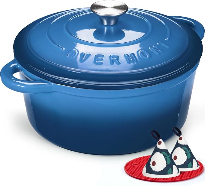 Overmont Enameled Cast Iron Dutch Oven - 4.5QT Pot with Lid Cookbook & Cotton Potholders - Heavy-Duty Cookware for Braising, Stews, Roasting, Sourdough Baking blue