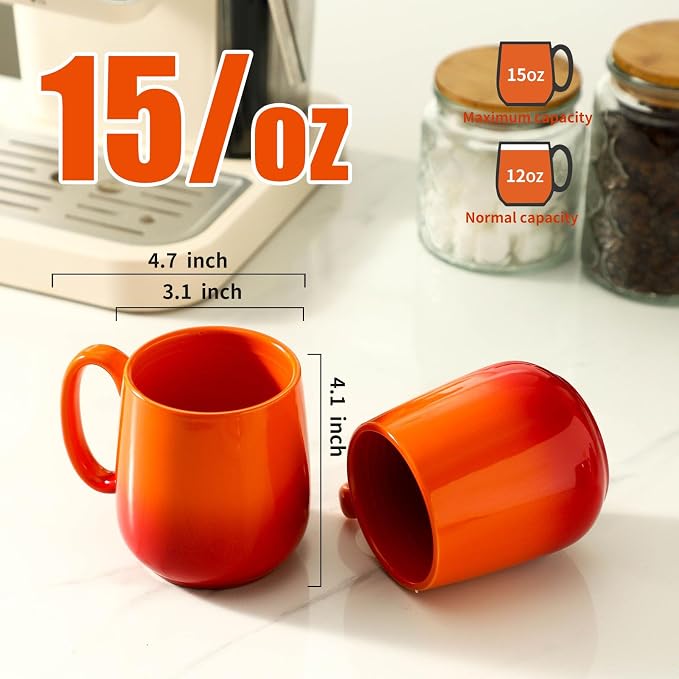 HASENSE Set of 4 Ombre Coffee Mugs, 15oz Large Ceramic Cups – Dishwasher & Microwave Safe, Orange Gradient Cappuccino Latte Tea Handle Cup, Housewarming Gift