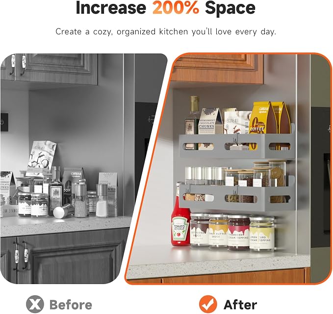4-Pack Magnetic Spice Rack for Refrigerator with Hooks, Grey | Strong multipurpose magnetic shelf for kitchen & bathroom organization. Includes 4 removable hooks for hanging items.
