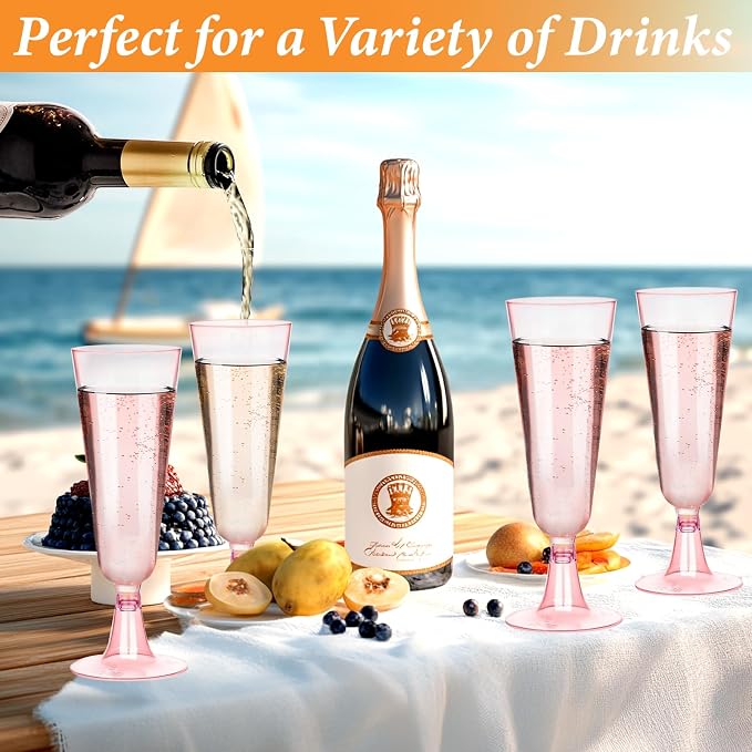 GuanQiao 100 Pack Pink Plastic Champagne Flutes, 5.5 Oz Clear Disposable Plastic Champagne Glasses, Wine Glasses Cups for Wedding Celebration Birthday Party Wine Tasting New Years Eve Party Supplies