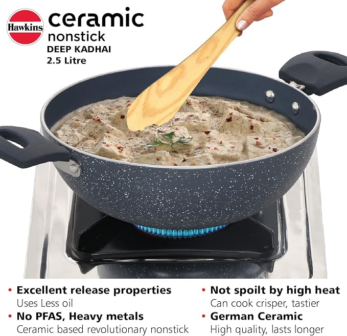 HAWKINS Ceramic Nonstick 2.5 Litre Deep Kadhai, Induction Deep Fry Pan with Glass Lid, Granite Kadai (ICK25G)