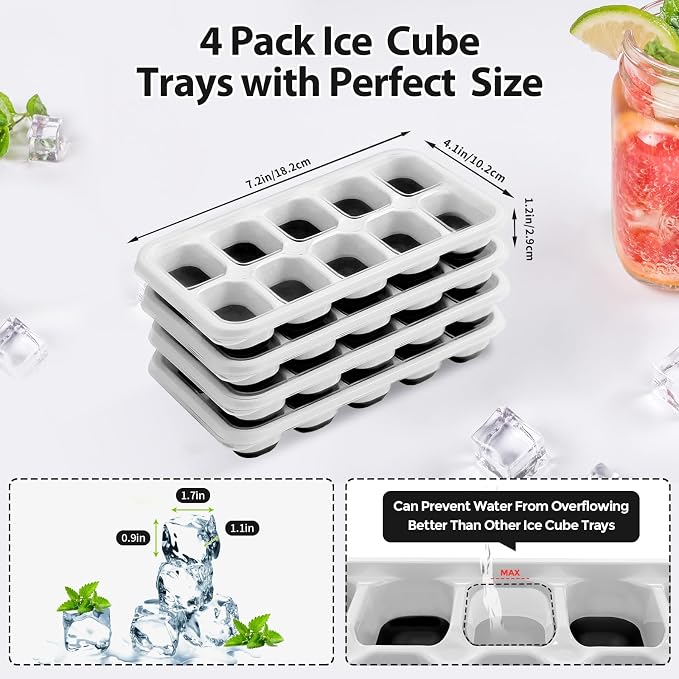 DOQAUS Ice Cube Tray with Lids, 4 Pack Silicone Ice Trays for Freezer | Stackable BPA & LFGB Safe, Easy Release for Kitchen, RV, Cocktail, Coffee, Soup & Food