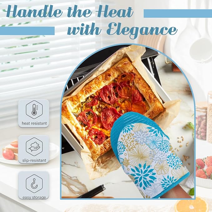 Ribbed Mini Oven Mitts 2-Pack Set, 5.5"x8.5", Teal Mandala Printed, Heavy Duty Cotton, Non-Slip Heat Resistant Soft Silicone Oven Mitts with Hanging Loop for Cooking Kitchen Decor