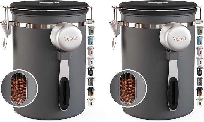 Veken Coffee Canister with Window, Airtight Stainless Steel Container,Date Tracker, Kitchen Food Storage Jars for Beans, Ground, Espresso, Rice,Tea, Sugar, Cereal, Gifts, Scoop, Grey, 22OZ (Pack of 2)