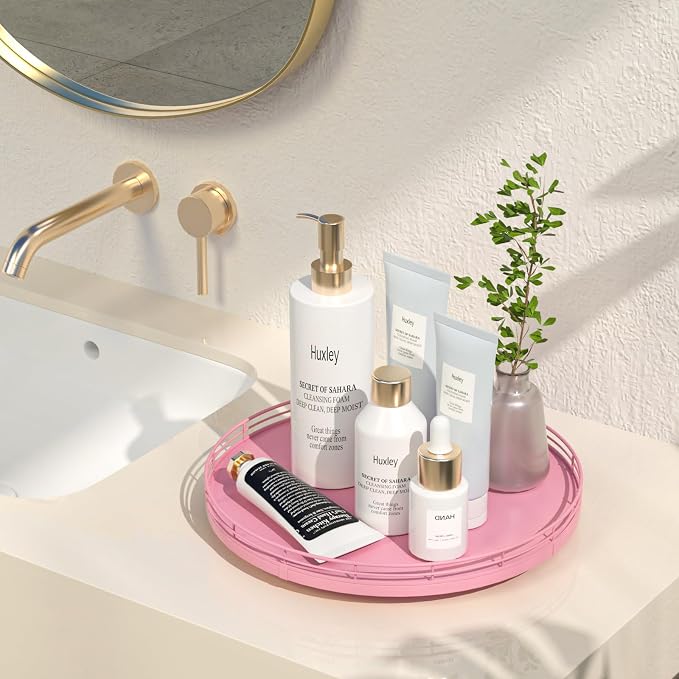 Oroyutor 12-Inch Oak Lazy Susan Vanity Tray, Pink Finish | Rotating oak tray organizes spices, toiletries and decor on kitchen counters, bathroom vanities, dining and coffee tables.
