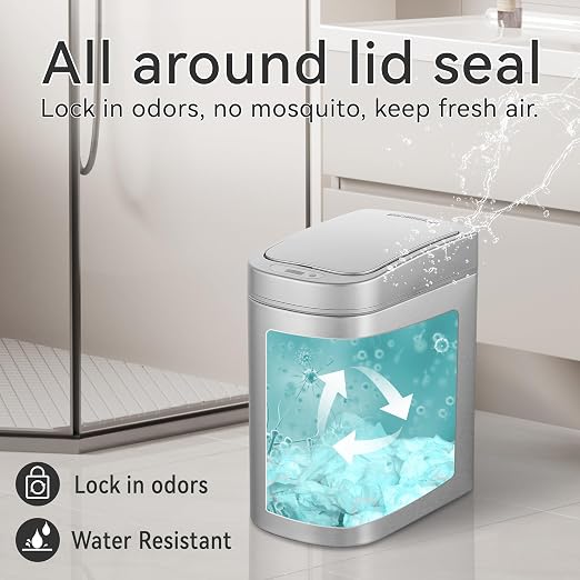 Ninestars Small Automatic Motion Sensor Bathroom Trash Can, 1.8 Gallon Smart Opening Garbage Bin for Bathroom, Bedroom, Kitchen, Office 7 Liter Compact Stainless Steel