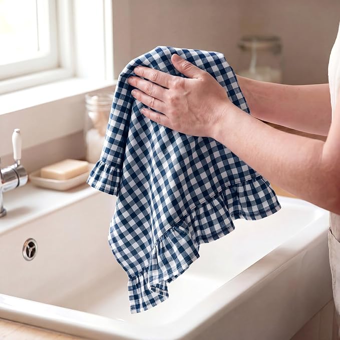 HunnmingRe 2 Pcs Navy Blue Gingham Kitchen Towels Cotton Ruffled | Checked Dish Towels 18"x28" Tea Cloths Plaid Cottage Core Kitchen Decor for Farmhouse Charm Drying Dishes Entertaining Guests