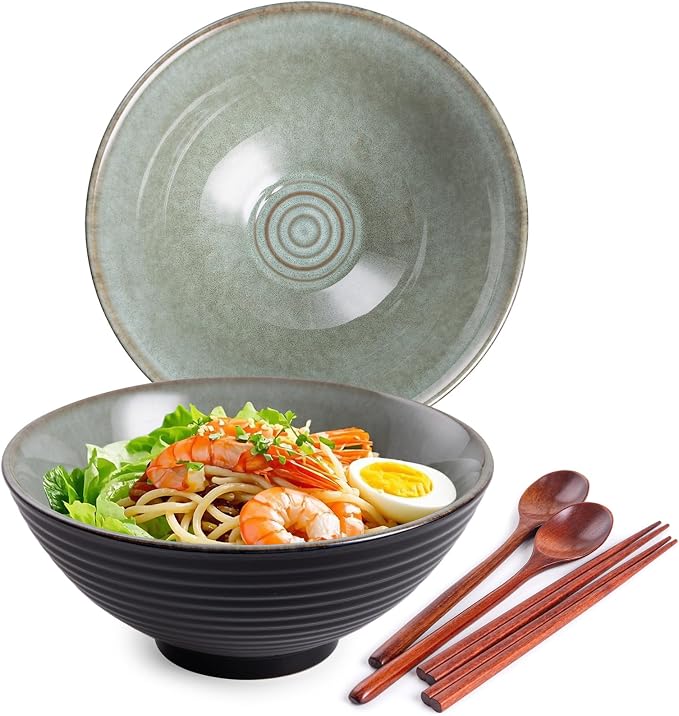 Ceramic Japanese Ramen Bowl Set, 2 Sets Asian Pho Udon Soup Noodle Bowls with Spoons and Chopsticks (Grayish Green, 8 inches)