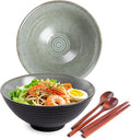 Ceramic Japanese Ramen Bowl Set, 2 Sets Asian Pho Udon Soup Noodle Bowls with Spoons and Chopsticks (Grayish Green, 8 inches)
