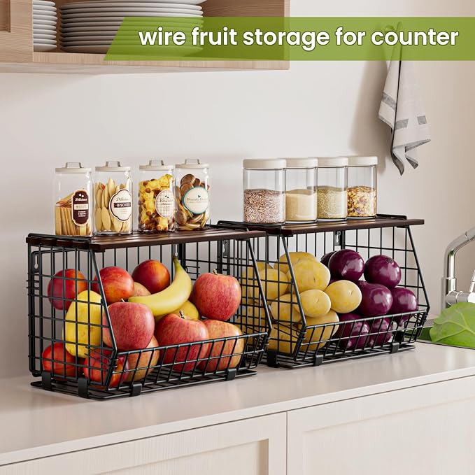 Hanging Fruit Basket for Kitchen, 3 Pack Vegetable Produce Basket | Wall Mounted & Countertop Wire Storage Basket for Potato Onion Fruits Vegetables, Pantry Organizers Storage