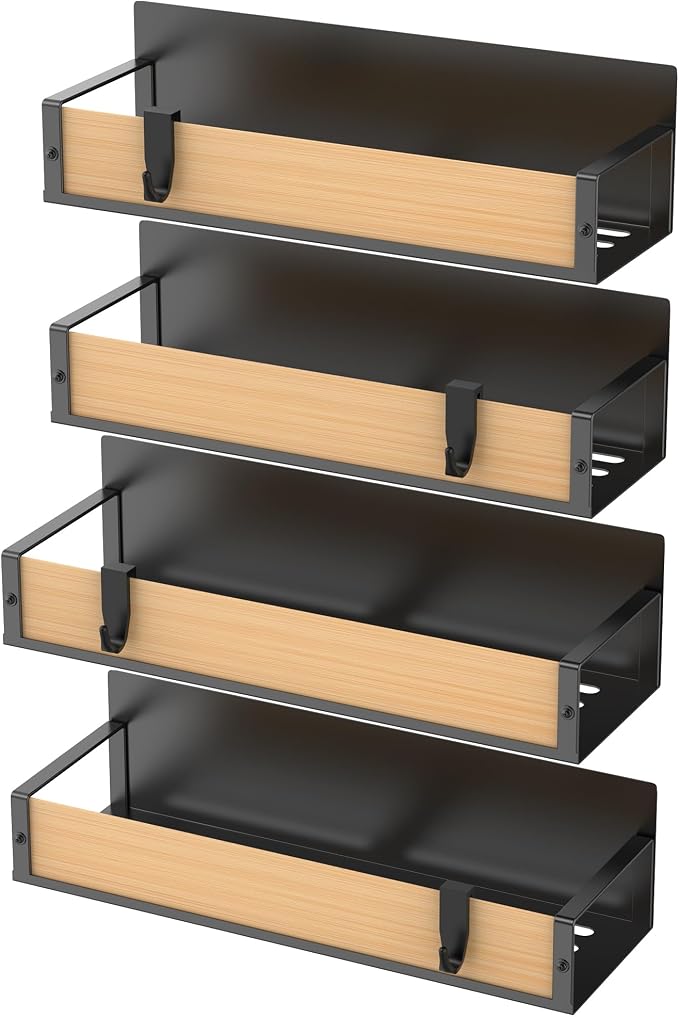 4 Pack Magnetic Spice Storage Rack Organizer for Refrigerator and Oven, Wood Fridge Organizers and Storage | Magnetic Shelves Heavy Duty for Fridge in Kitchen, Seasoning Storage Organizer, For Oven Washer and Dryer, For Heavier Items