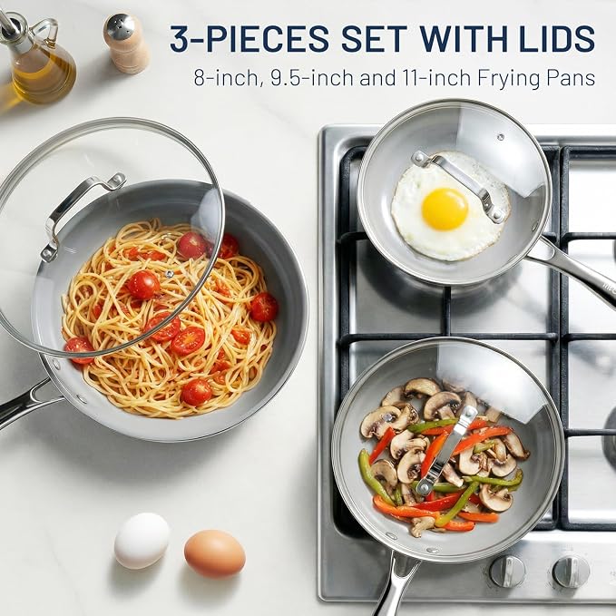 Kikcoin Ceramic Nonstick Frying Pan Set with Lids, 3 Pack 8/9.5/11 Inch Skillets, PFAS-Free Non Toxic Pans for Cooking, Induction, Oven & Dishwasher Safe