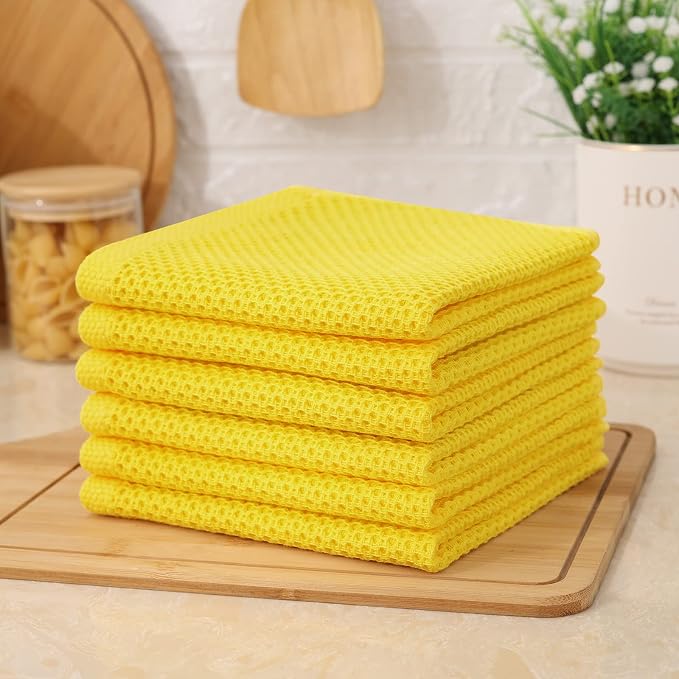 Kitinjoy 100% Cotton Waffle 6-Pack Kitchen Towels, 12" x 12", Yellow | Ultra Absorbent, Super Soft, lightweight, Quick Drying Dish Rags for Washing Dishes