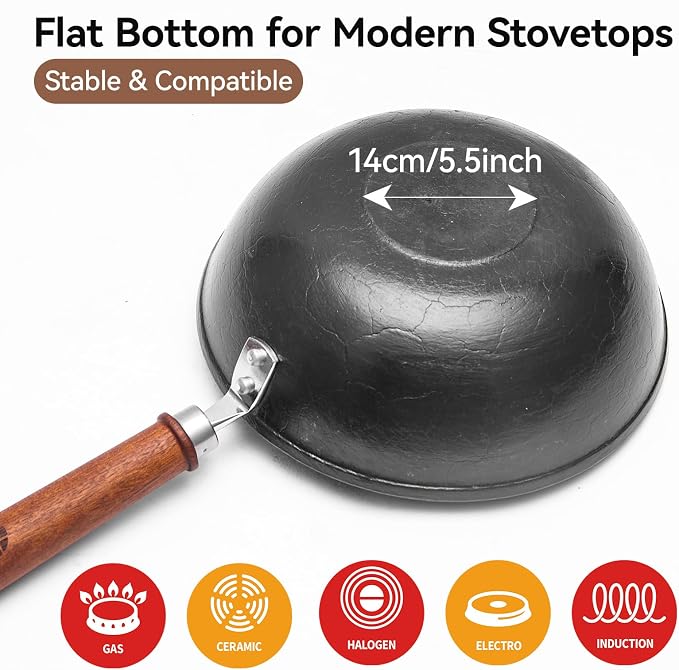 WANGYUANJI 9.5 Inch Small Cast Iron Wok with Lid - Handcrafted Tortoise Shell Texture Uncoated Stir Fry Pan, Flat Bottom Wok for Electric, Induction & Gas Stoves, 2.5 Quart (Requires Seasoning)
