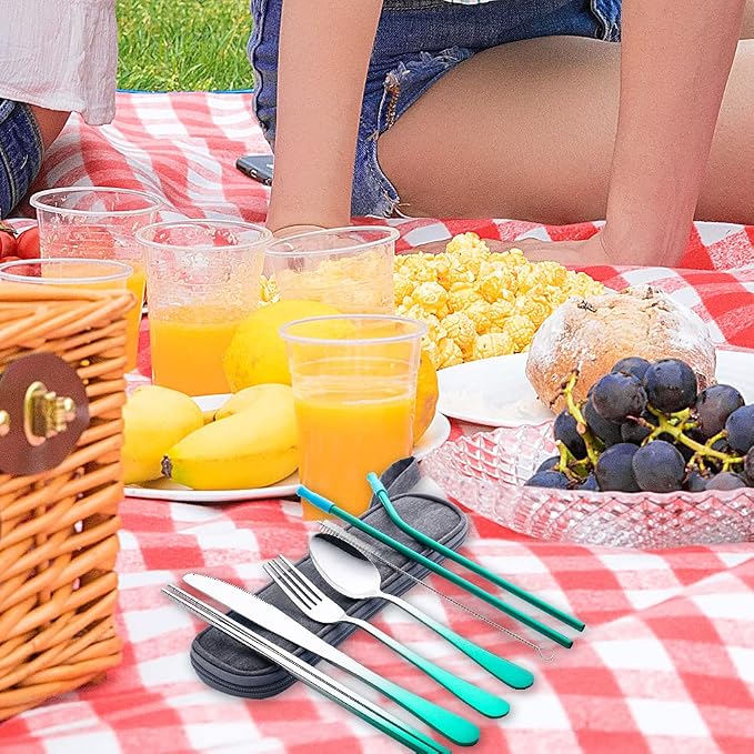 Travel Utensils Set with Case Reusable Portable Cutlery Set Stainless Steel 8pcs Including Dinner Knife Fork Spoon Chopsticks straws(Gradient Green) | Dishwasher Including Dinner Knife Fork Spoon Chopsticks Straws Travel Fork Spoon Knife for Work, Camp...