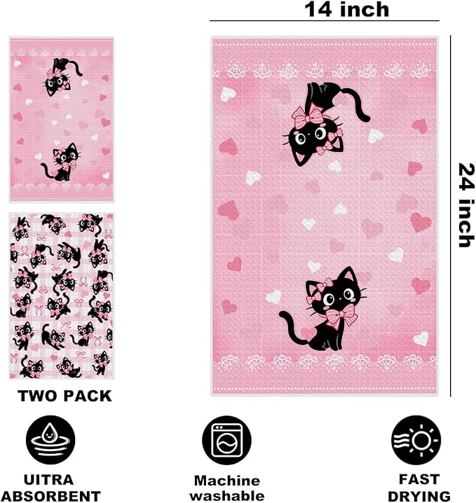 2 Pcs Pink Bow Cat Kitchen Towels 24x14 Inch, Cats Gifts Reuse Hand Towel | Cats Absorbent Waffle Dish Towels for Drying Dishes Kitchen Home Decor, Cat Lover Gifts for Women Mom