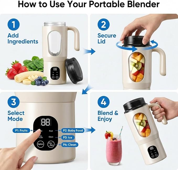 Lilogi 580ML Portable Blender with LED Display, 12-Blade USB-C Rechargeable Travel Blender with Handle & Extra Lid, Ideal for Kitchen, Office, Gym & Outdoor Sports