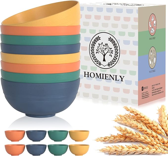 Plastic Bowls Alternative, Unbreakable Wheat Straw Cereal Bowls 8 PCS - Microwave & Dishwasher Safe Bowl for Cereal, Snack, Rice, Salad, Soup Bowls for Kitchen, Camping, Party(Muliti,26 OZ)