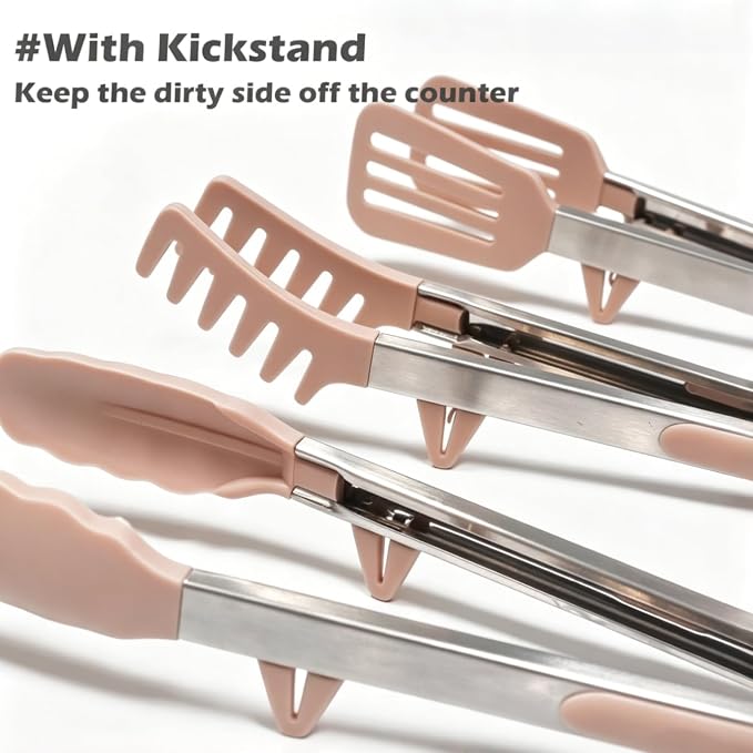 12" Kitchen Tongs for cooking with Silicone Tips, 3Pcs Serving Tongs, Pink | Small Silicone Tongs mit kickstand, Food Grade, 3 different type of tongs, Stainless Steel