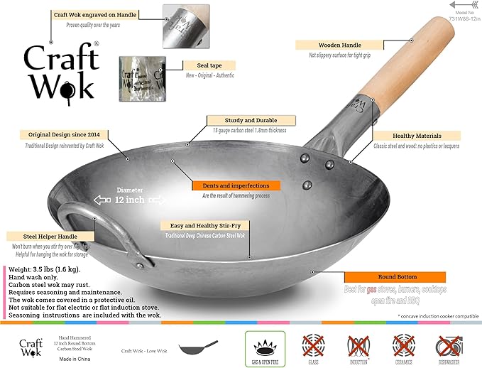 Craft Wok Traditional Hand Hammered Chinese Carbon Steel Wok with Wooden and Steel Helper Handle (12 Inch, Round Bottom Pow Wok Pan) / 731W88-12in