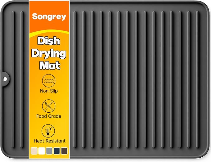Songrey Silicone Dish Drying Mat for Kitchen Counter, 16" x 12", Black | Drying Pad for Sink Dishes or Under Rack, Multi-Use as Heat Resistant Trivet, Coffee Bar Mat