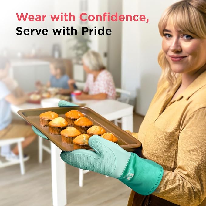Kitchen Mama UltraShield Silicone Oven Mitts, Teal | Heat Resistant, Non-Slip Surface, Waterproof, Flexible, Durable