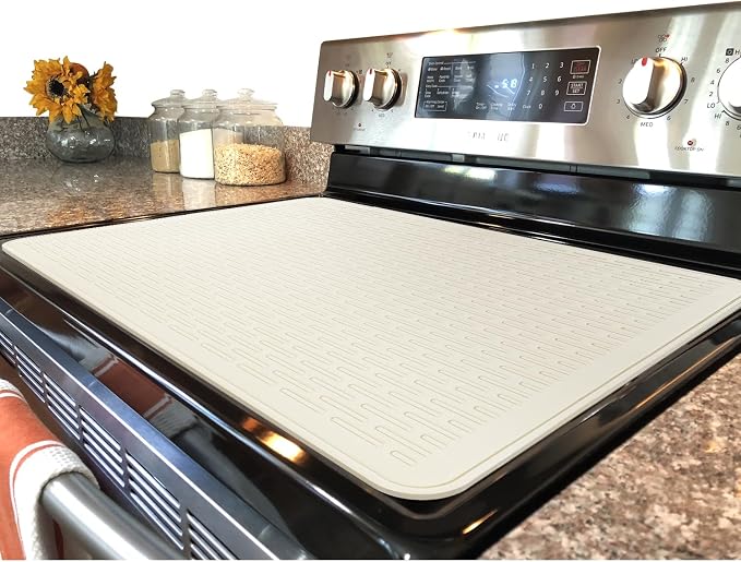 YUHFERA Stove Top Cover for Electric Stove - Silicone Stove Mat for Glass Top, Glass Cooktop Protector, XL Dish Drying Mats for Kitchen,Oven Covers for Electric Stove (Beige,30 x 21)